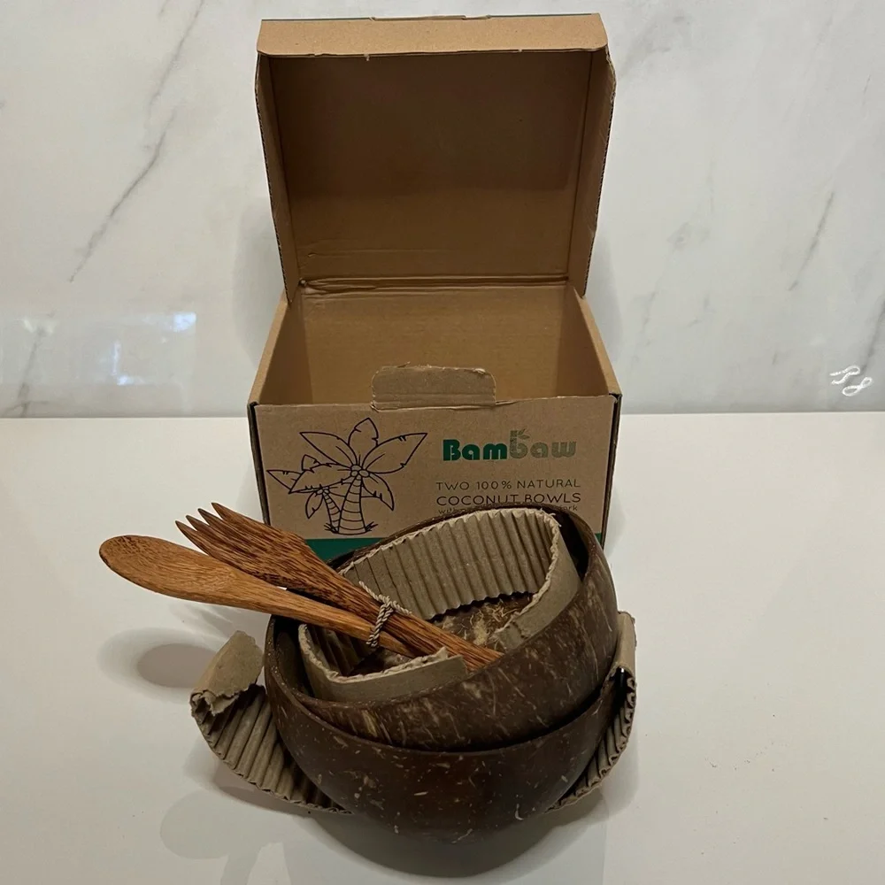 BAMBAW  COCONUT SET WITH WOODEN CUTLERY SET OF TWO WOODEN BOWLS